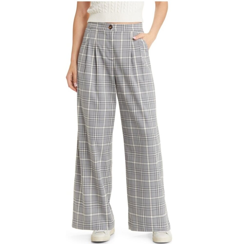 NWT Treasure & Bond Plaid Gray Double Pleat Wide Leg Pants P4498
